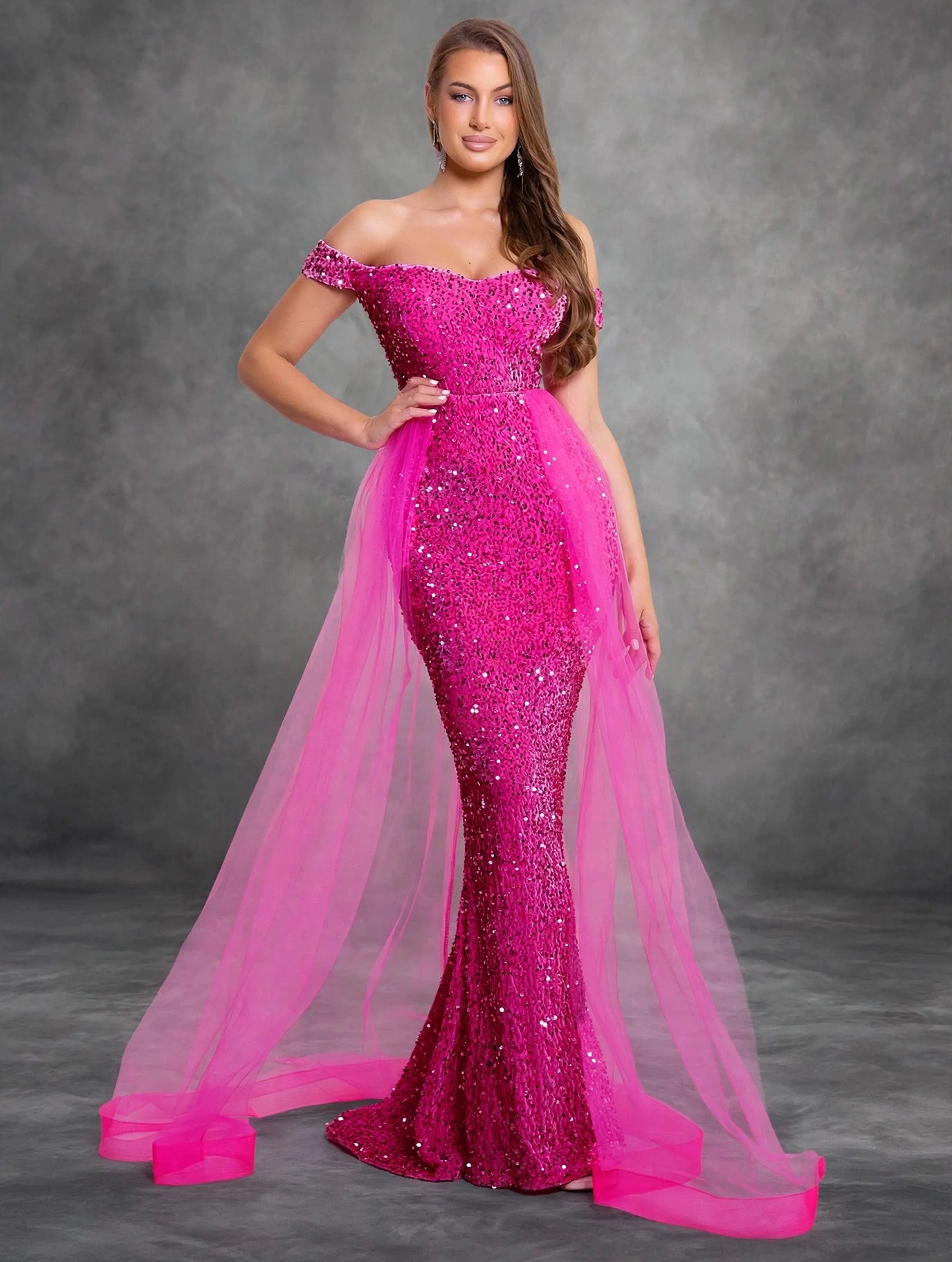 Pink Off-Shoulder Evening Dress with Train