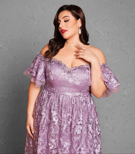 Embroidered Lace Flared-Sleeve Maxi Dress