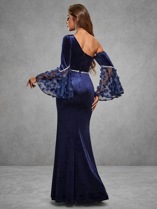 One-Shoulder 3D Floral Velvet Fishtail Dress