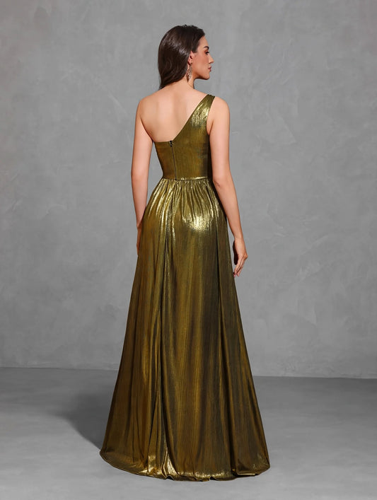 One-shoulder Pleated Two-sided Glossy Strapless Wedding Dress