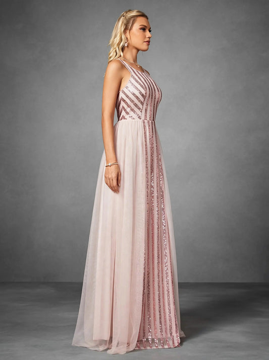 Sequin Mesh A-Line Evening Gown