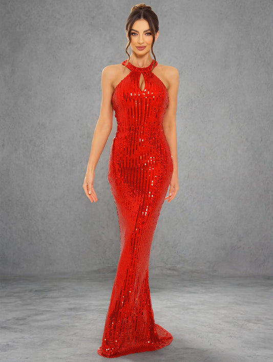 Red Sequin Off-Shoulder Mermaid Evening Gown