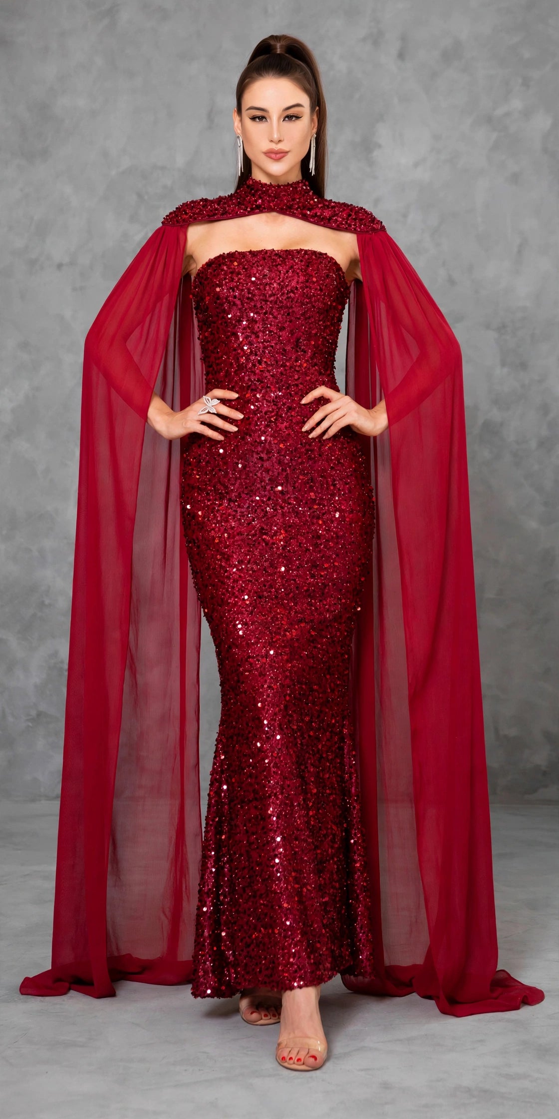Detachable Shawl Sequin Evening Dress