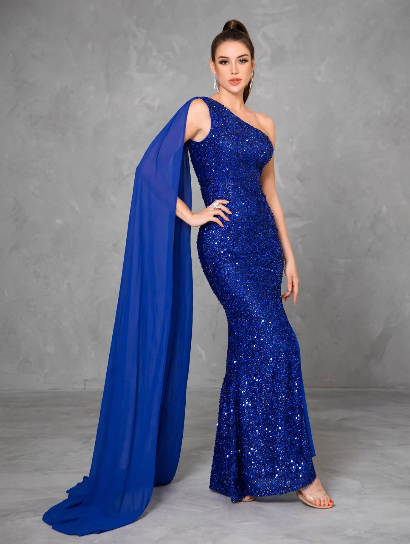 Blue Sequin One-Shoulder Slit Evening Gown