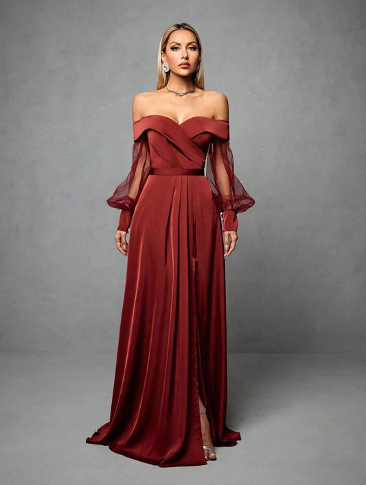Off-Shoulder Mesh Satin Bridesmaid Gown
