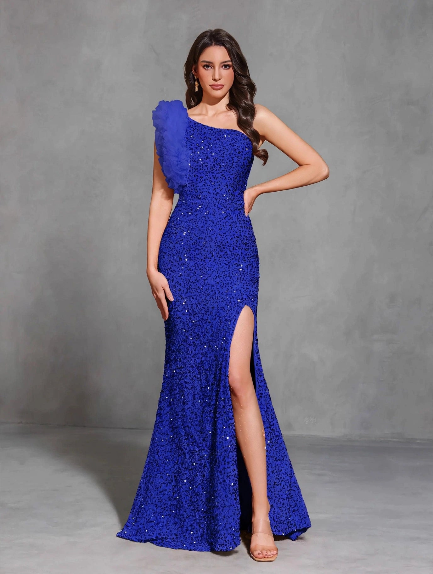 Sequined Off-shoulder Mesh Splicing Decorated Slit Dress