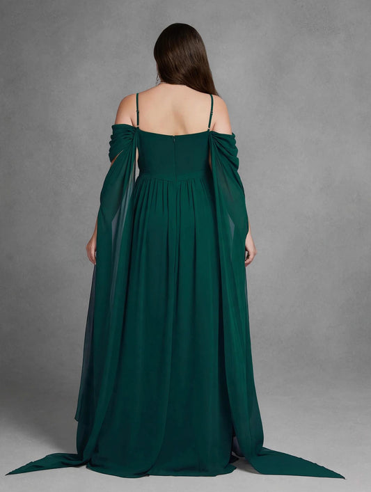 High-end Evening Dress with One-shoulder Halter, Pearl Chiffon