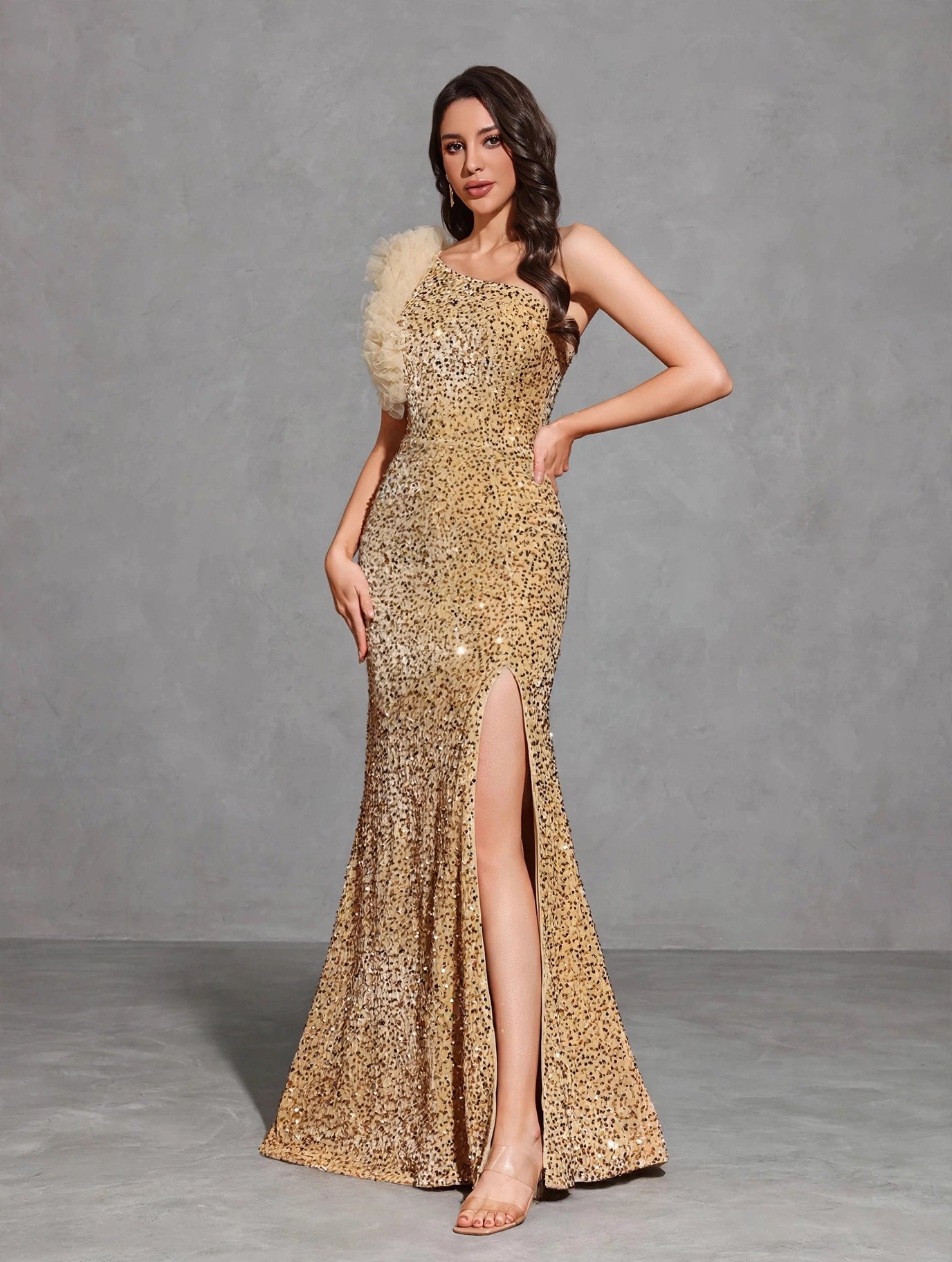Sequined Off-shoulder Mesh Splicing Decorated Slit Dress