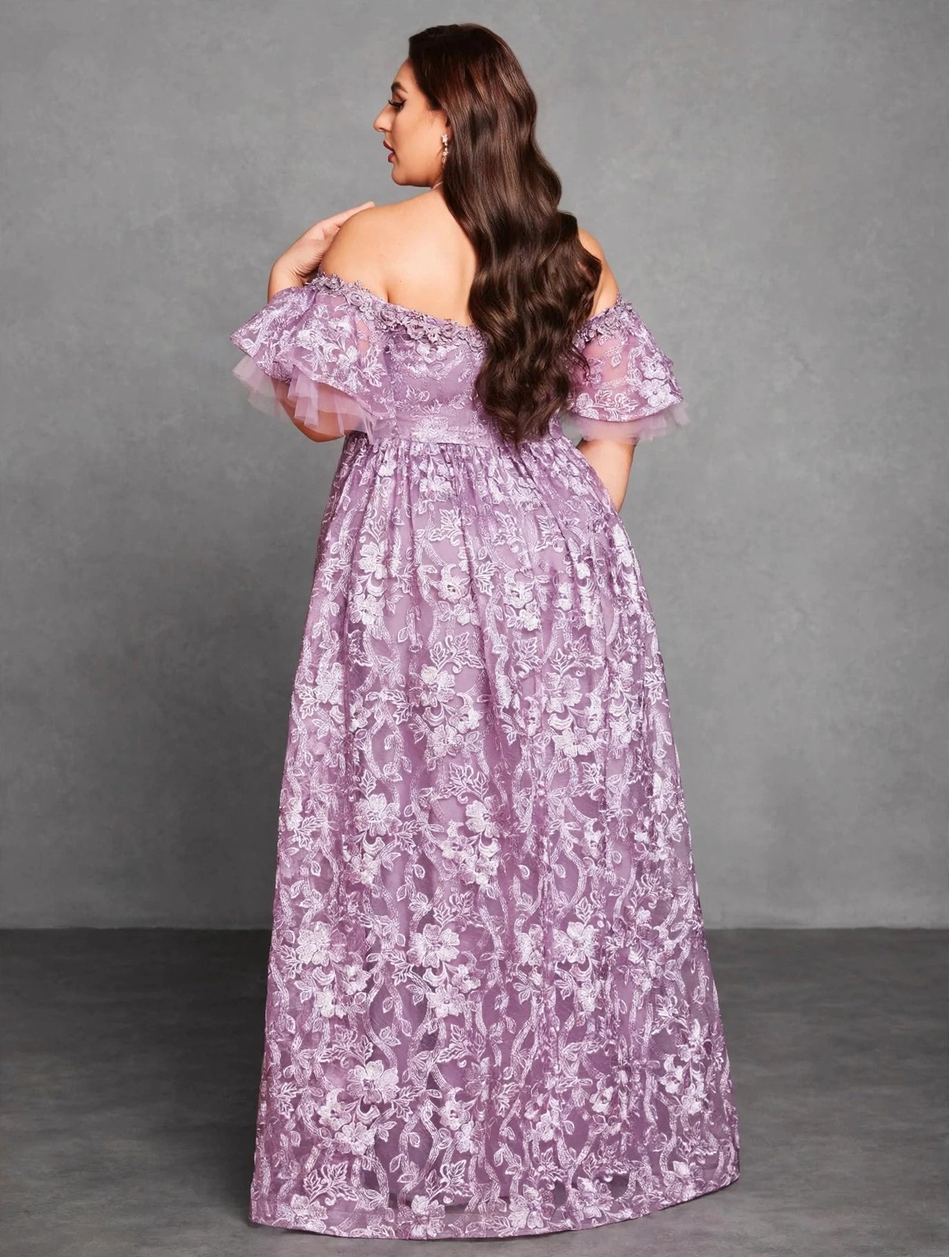 Embroidered Lace Flared-Sleeve Maxi Dress