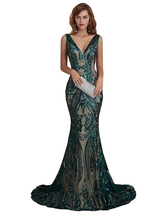Leyidress Womens Sequin V Neck Mermaid Prom Dress Green Sleeveless Pageant Trumpet Evening Dress Celebrity Gowns 22W