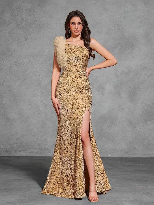 Sequined Off-shoulder Mesh Splicing Decorated Slit Dress