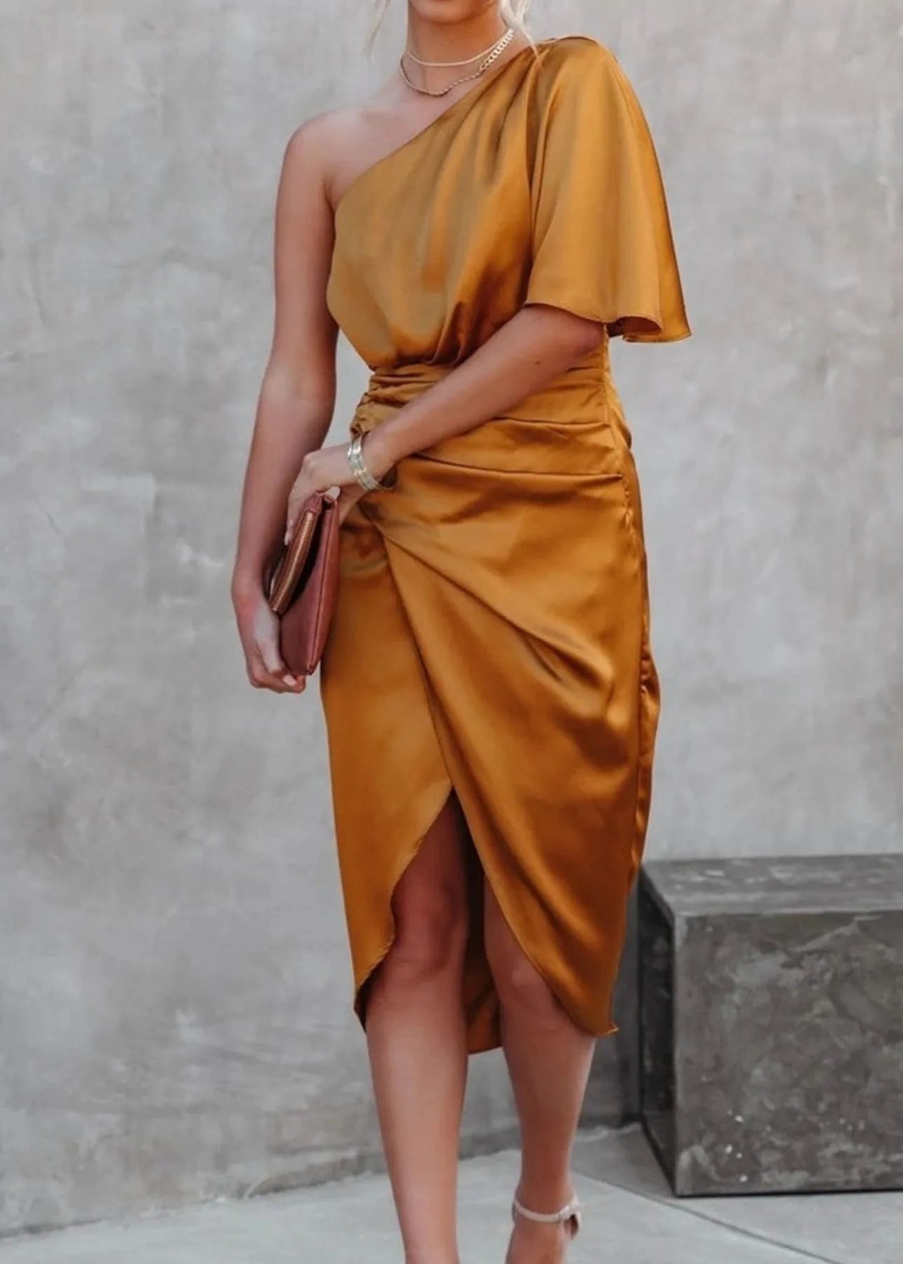One - Shoulder Satin Wrap Dress with Side Slit - TrendNest