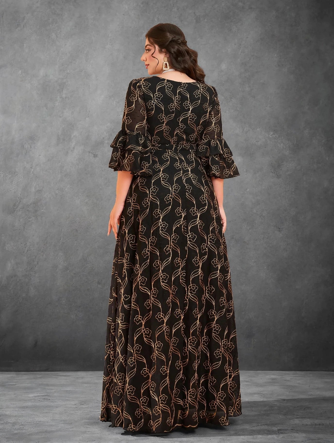 Gold Embroidered Chiffon Evening Gown