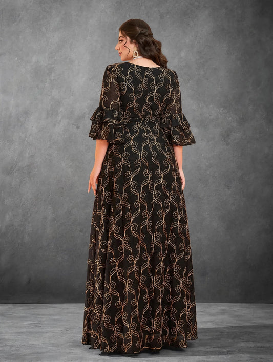 Gold Embroidered Chiffon Evening Gown