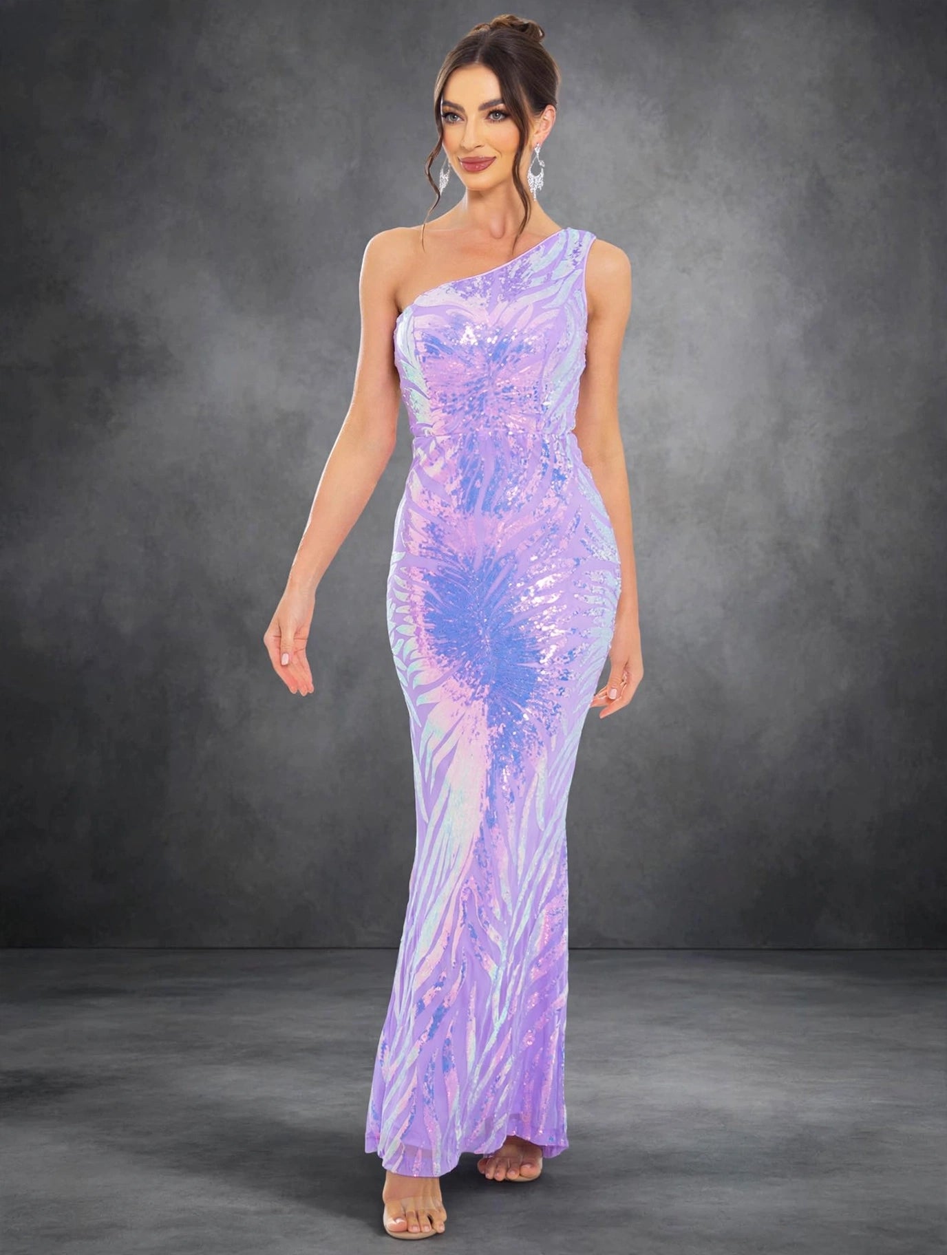 One-Shoulder Floral Sequin Evening Dress