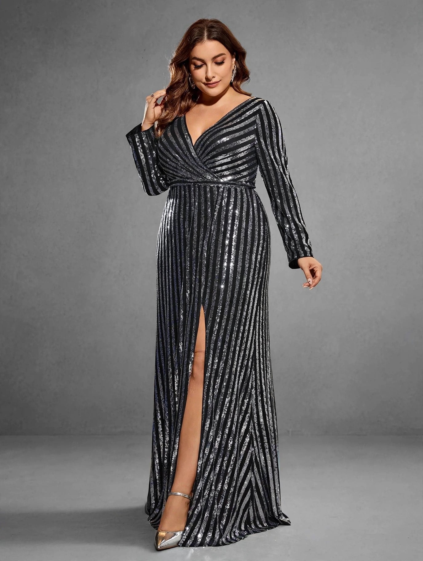 Striped Sequin Slit A-Line Evening Dress