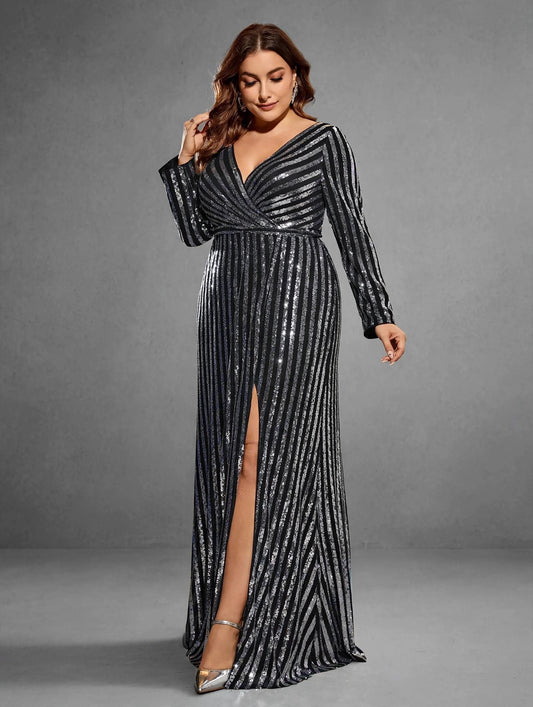 Striped Sequin Slit A-Line Evening Dress