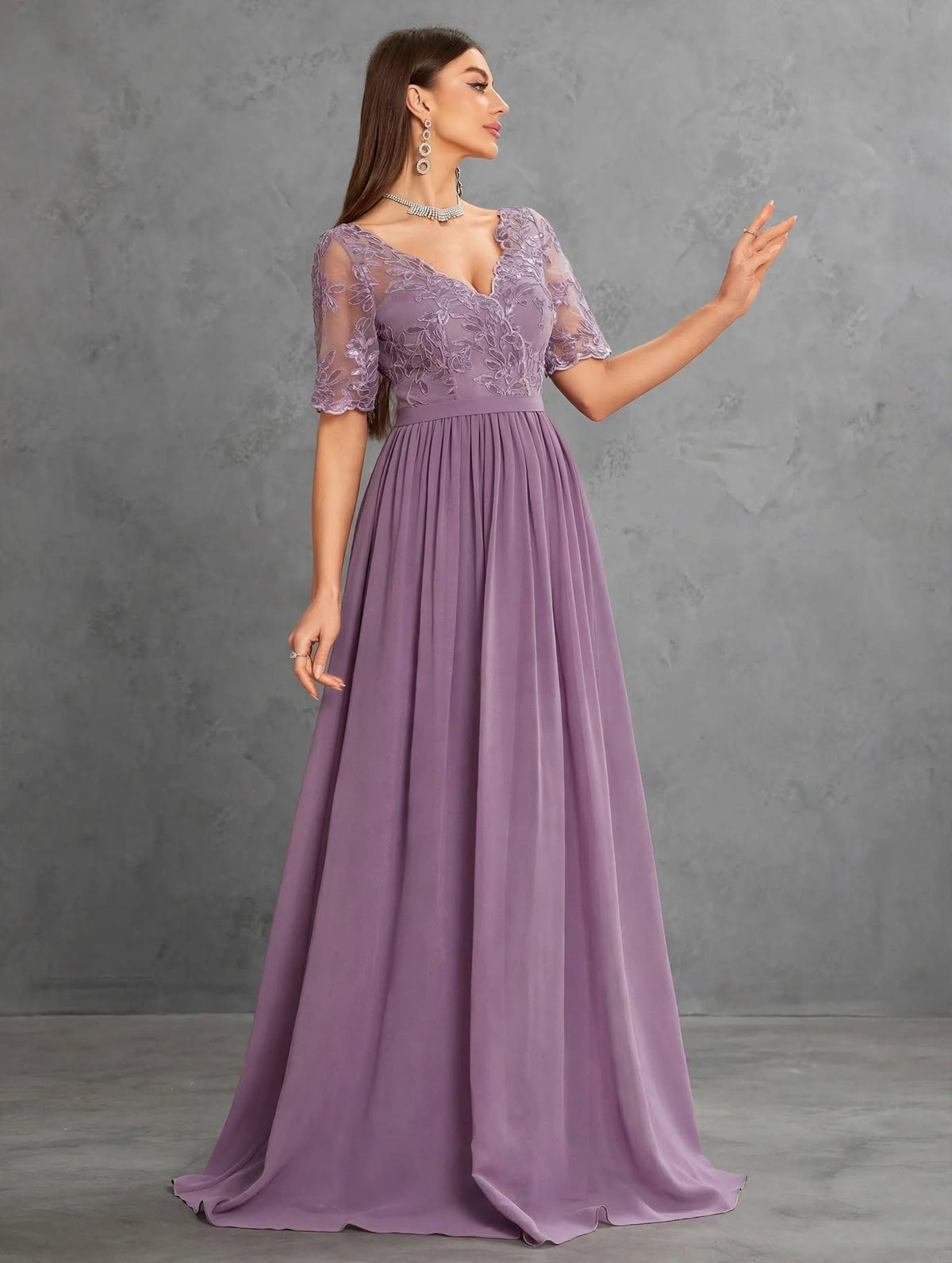 V-Neck Lace Chiffon Evening Dress