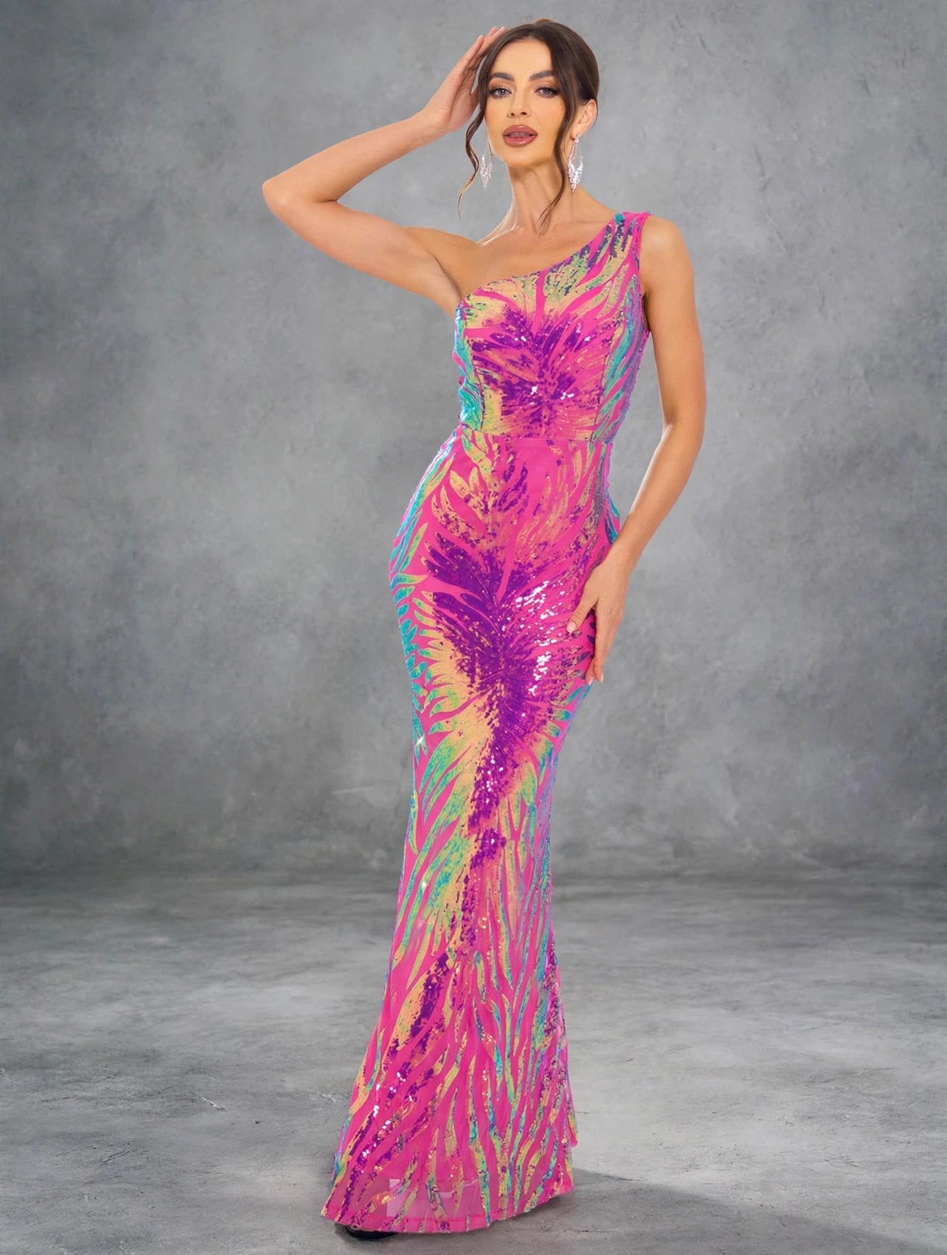 One-Shoulder Floral Sequin Evening Dress