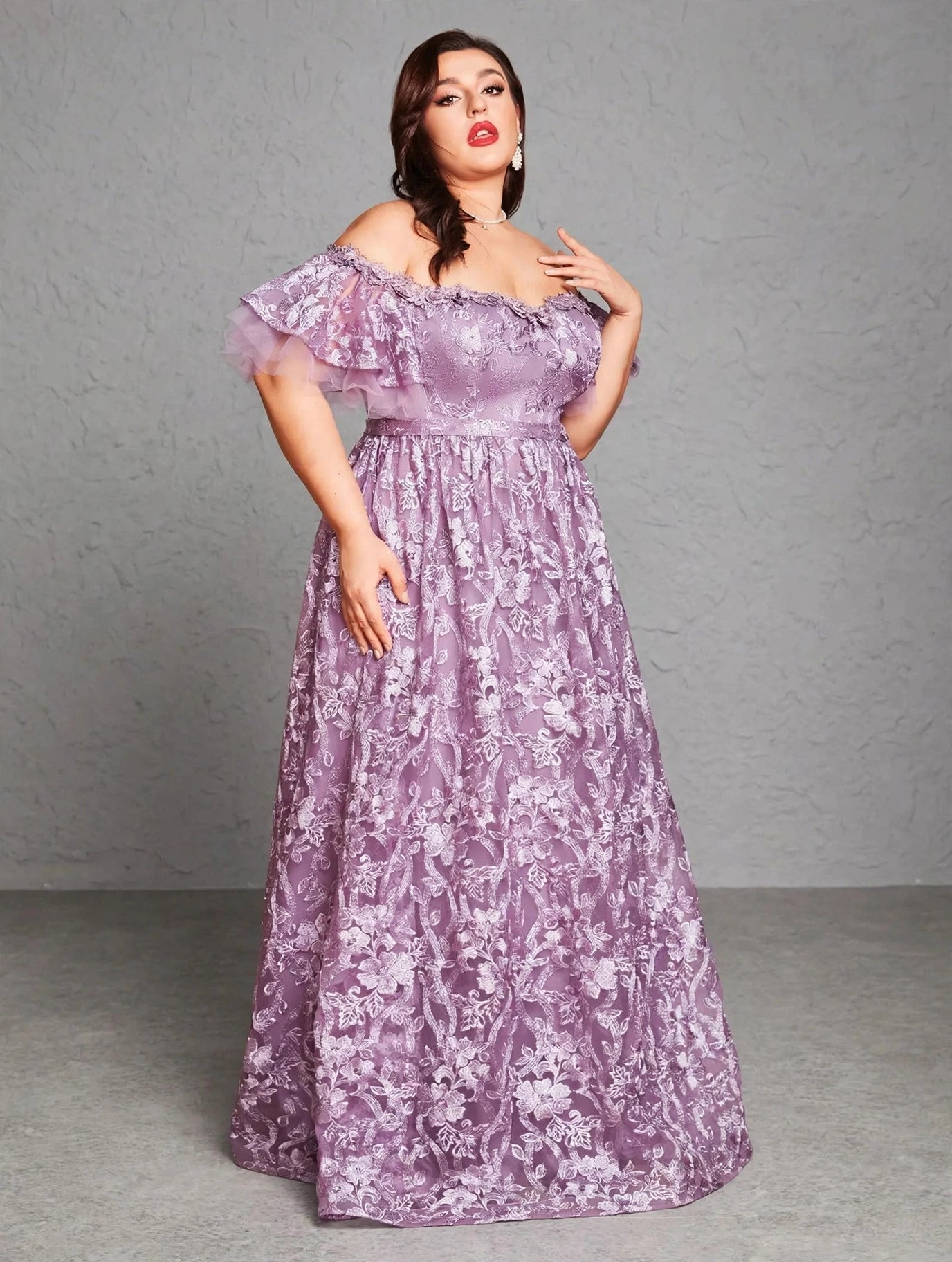 Embroidered Lace Flared-Sleeve Maxi Dress