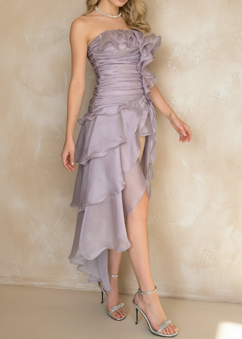 Ruffled High - Low Strapless Dress - TrendNest
