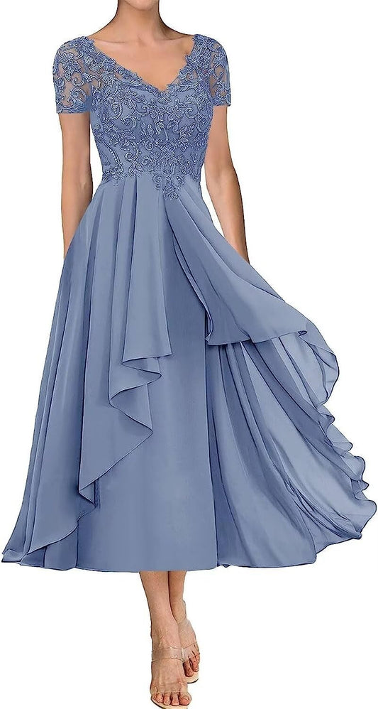 Lace Applique Mother of The Bride Dress for Wedding Short Sleeves Tea Length Chiffon Formal Party Gown for Women Dusty Blue US8