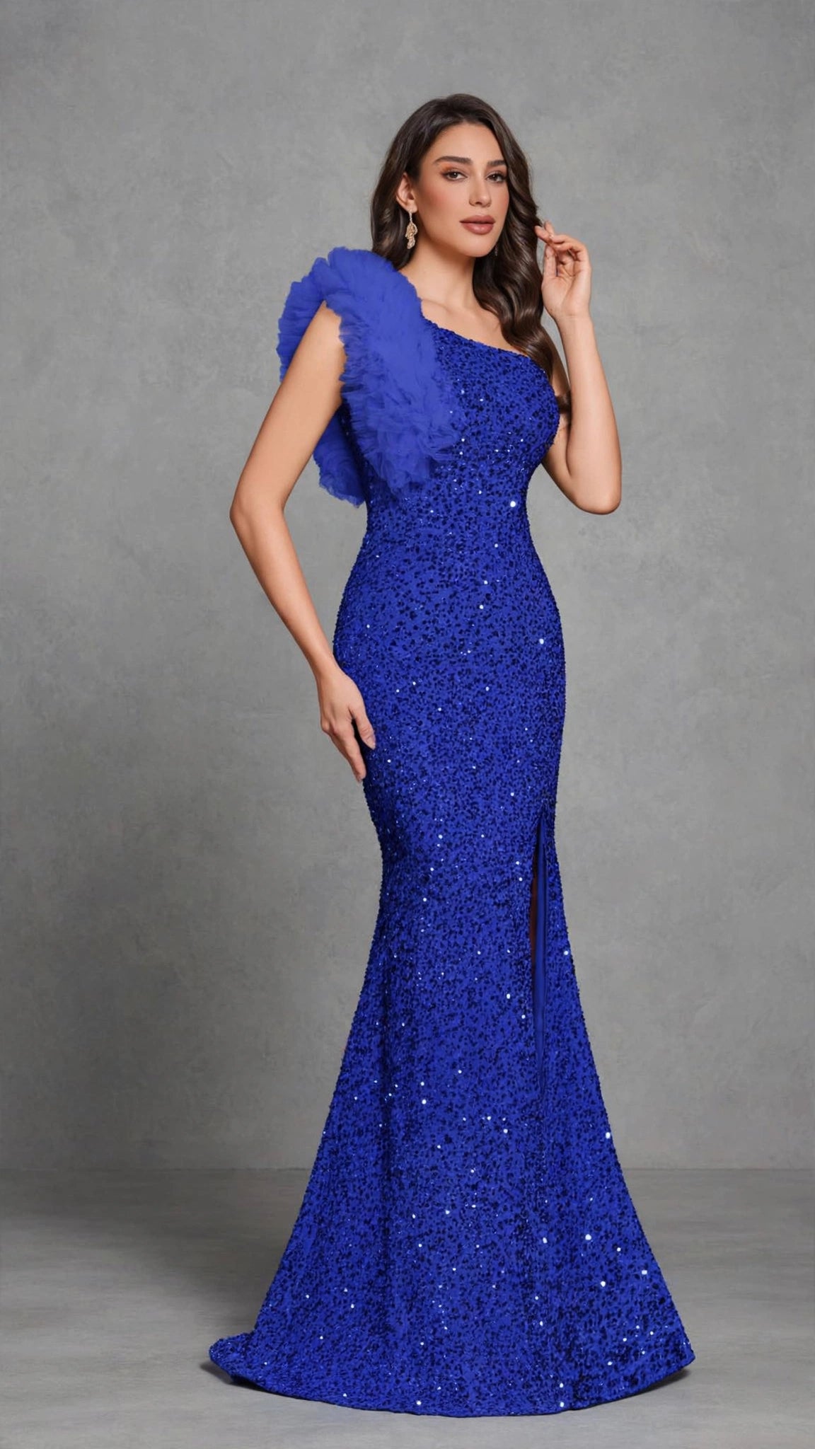 Sequined Off-shoulder Mesh Splicing Decorated Slit Dress
