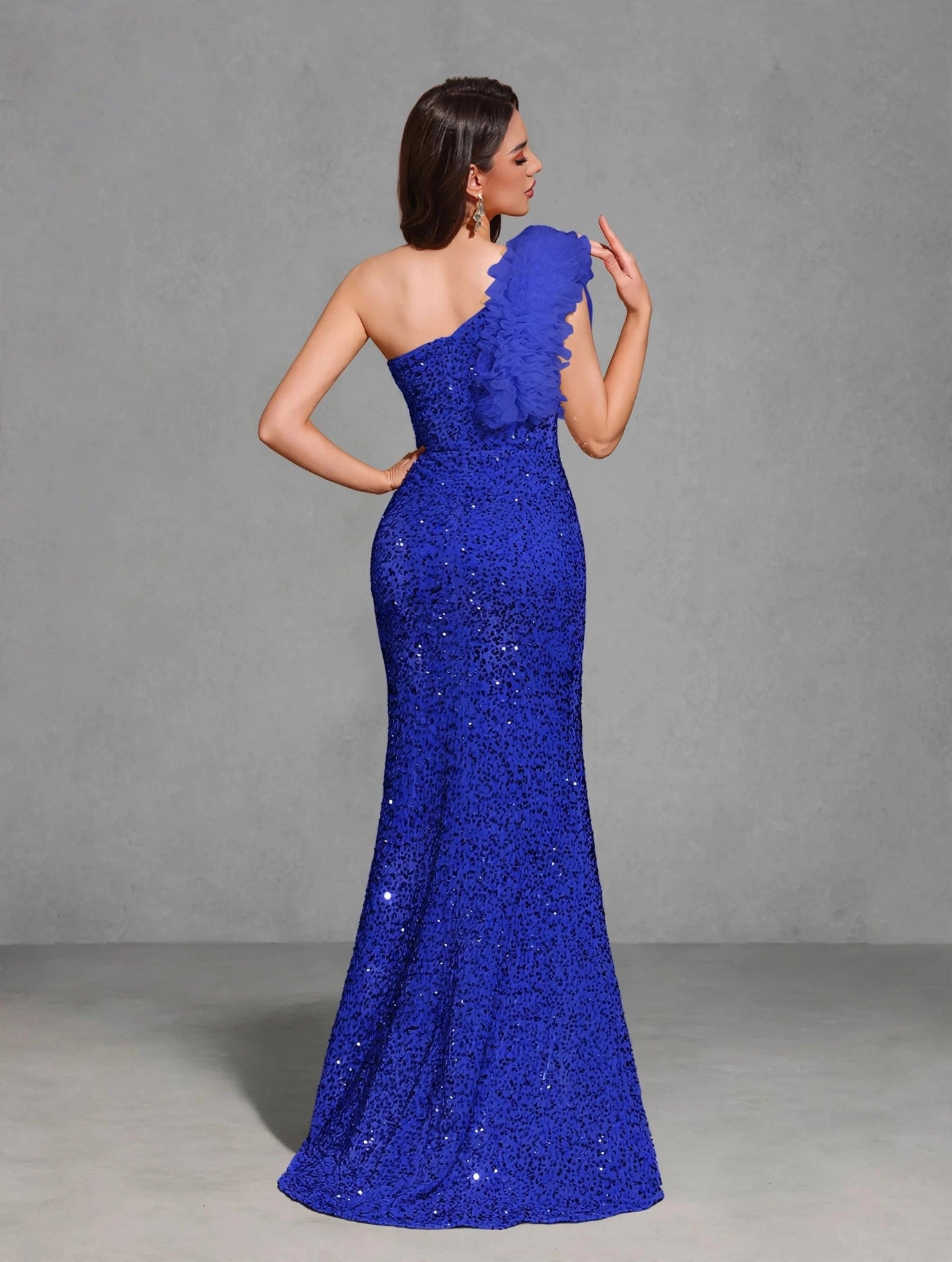Sequined Off-shoulder Mesh Splicing Decorated Slit Dress