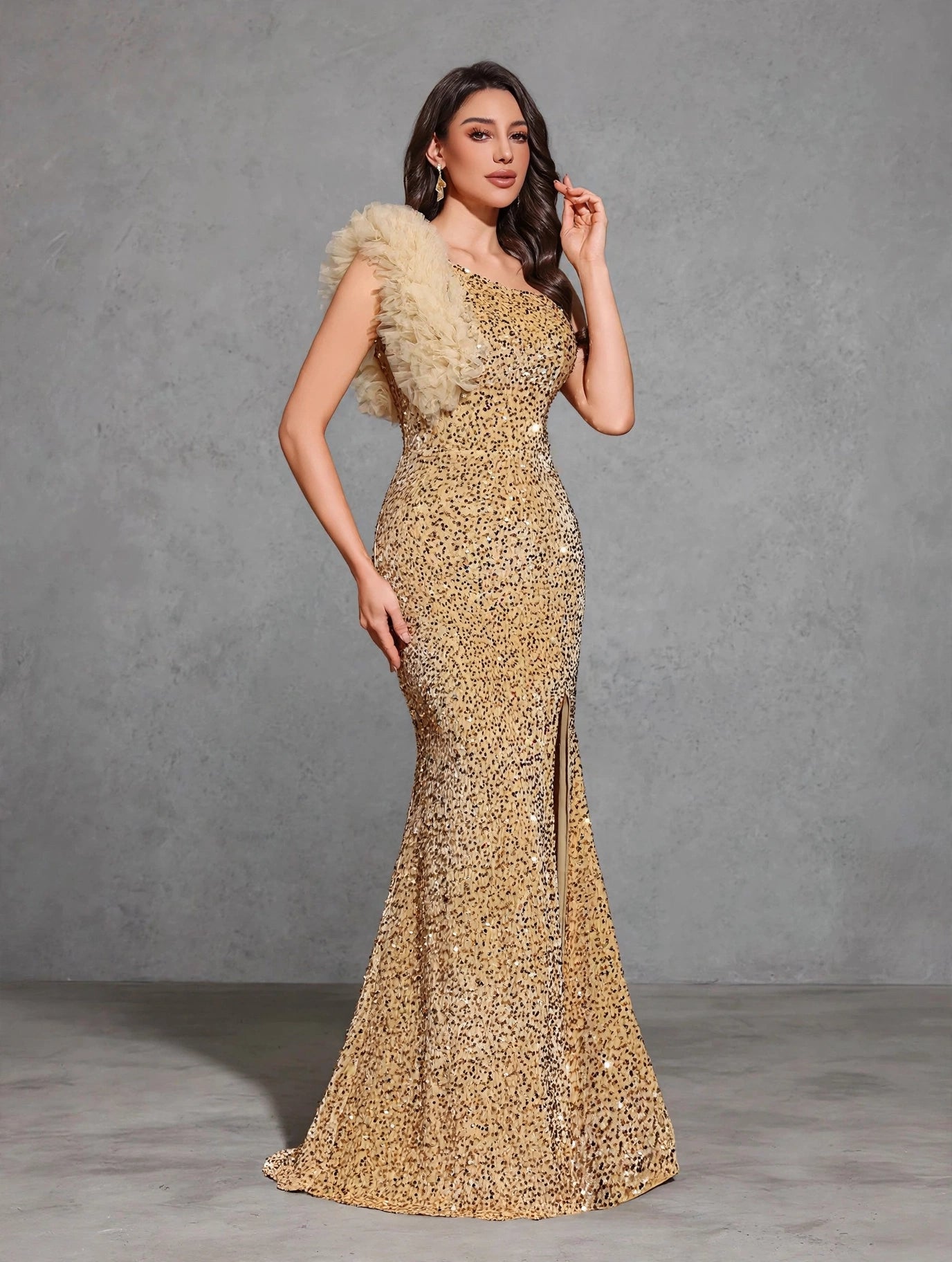 Sequined Off-shoulder Mesh Splicing Decorated Slit Dress