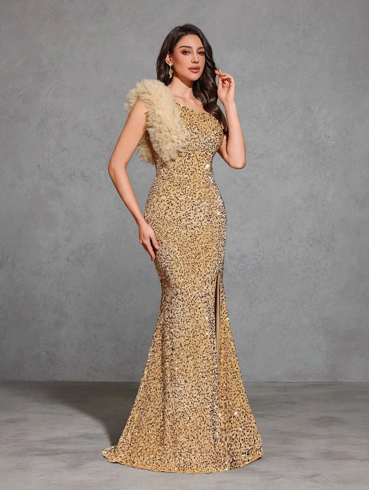 Sequined Off-shoulder Mesh Splicing Decorated Slit Dress