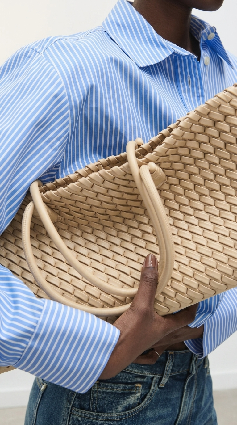 Elongated Woven Shopper Tote Bag for Women