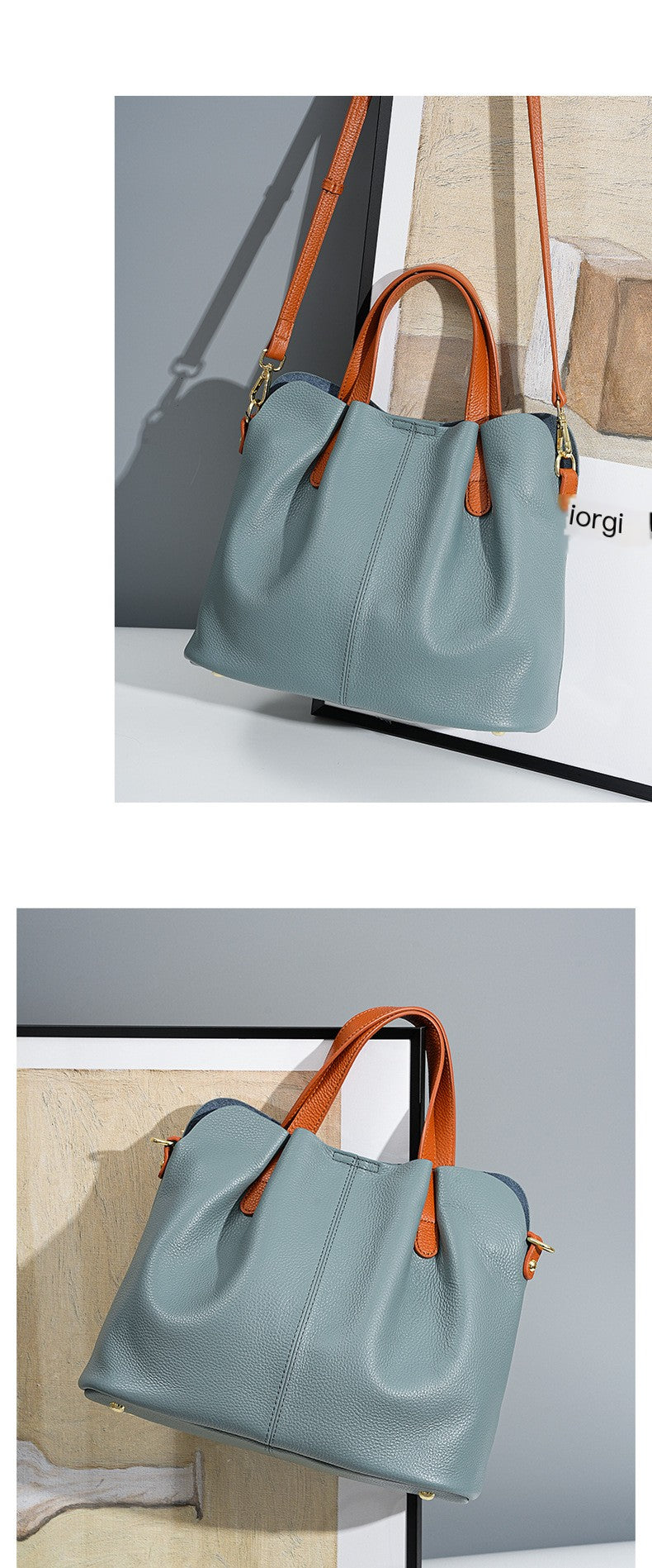 Color Block Leather Tote Bag