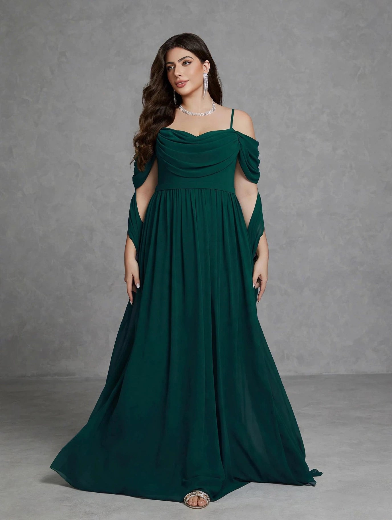High-end Evening Dress with One-shoulder Halter, Pearl Chiffon