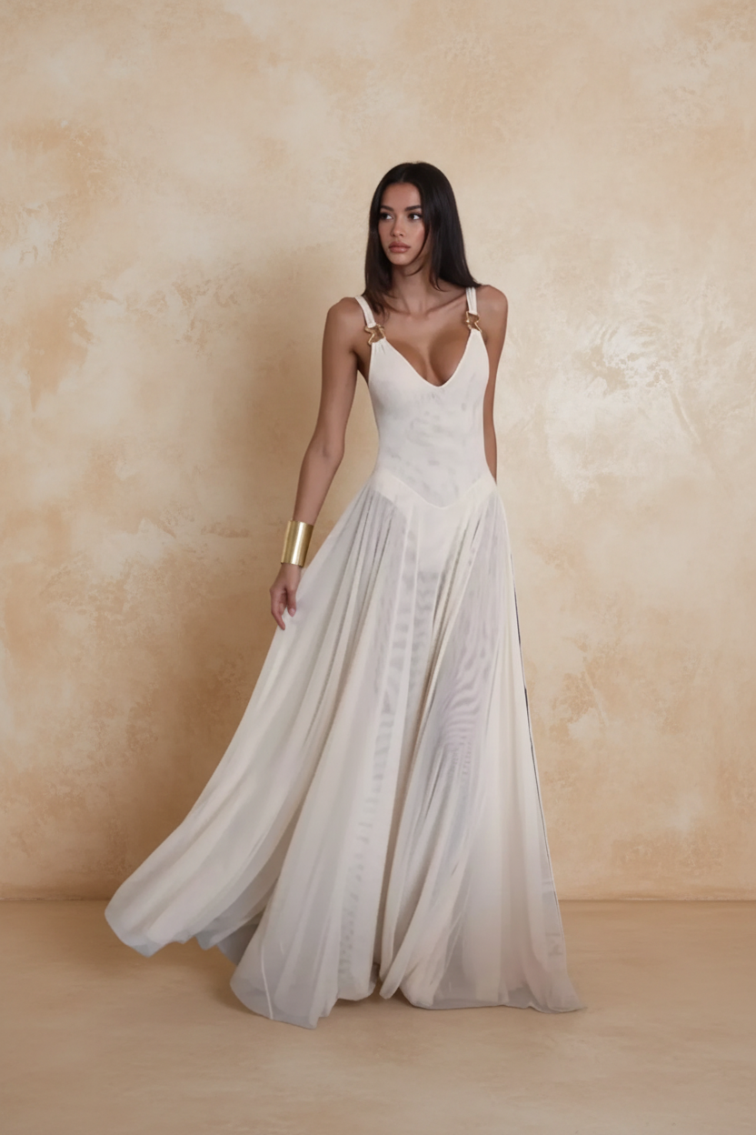 Sleeveless Sheer Maxi Dress with Gold Hardware Detail