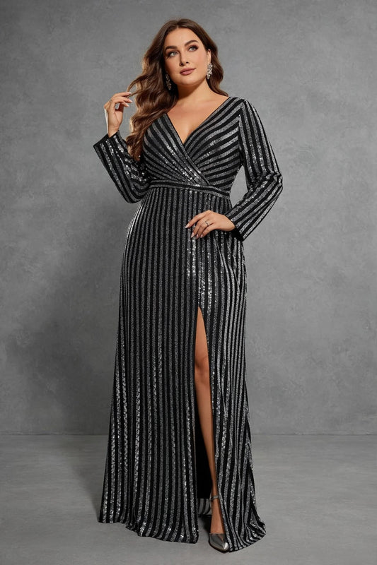 Striped Sequin Slit A-Line Evening Dress