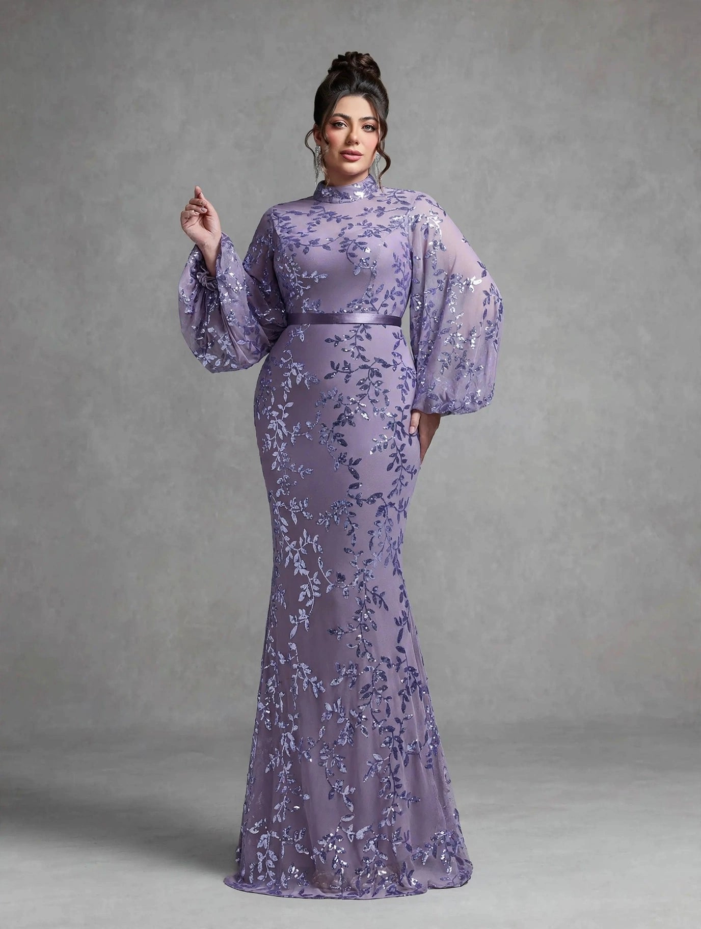 Stand-up Collar,Sequin,Noble,Large Size Evening Gown