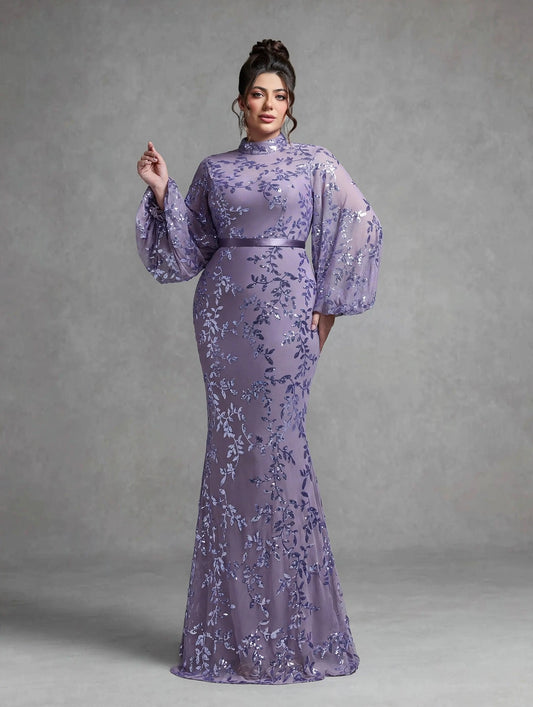 Stand-up Collar,Sequin,Noble,Large Size Evening Gown