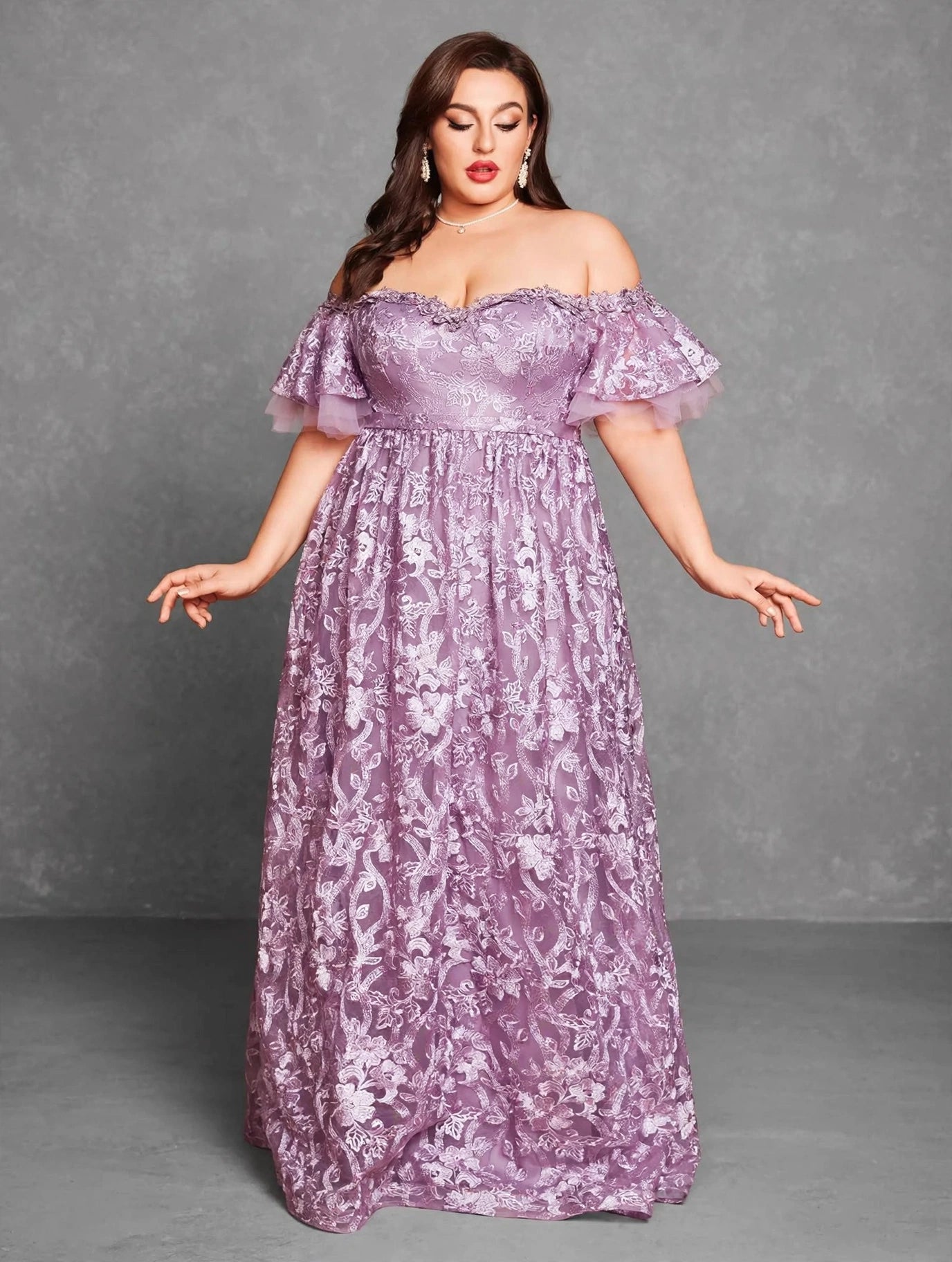 Embroidered Lace Flared-Sleeve Maxi Dress