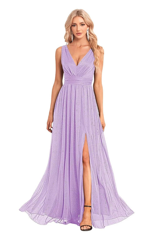 Lilannu V Neck Long Glitter Tulle Evening Gowns Empire Waist A Line Sparkly Prom Dress for Women Lavender
