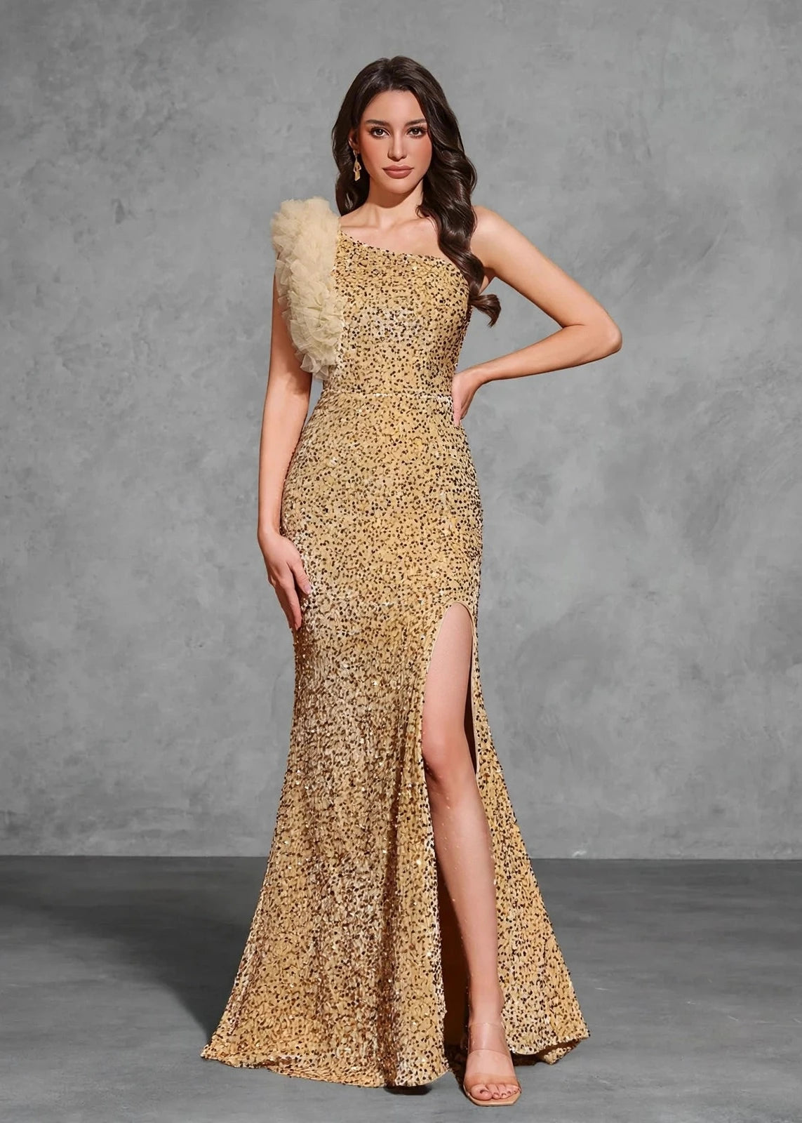 Sequined Off-shoulder Mesh Splicing Decorated Slit Dress