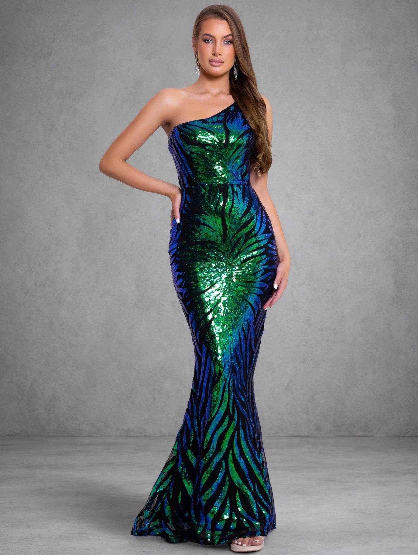 One-Shoulder Floral Sequin Evening Dress