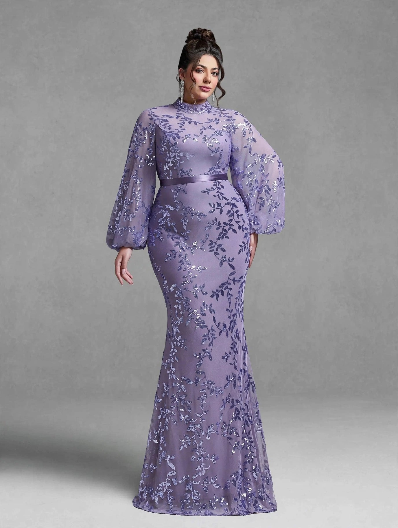 Stand-up Collar,Sequin,Noble,Large Size Evening Gown