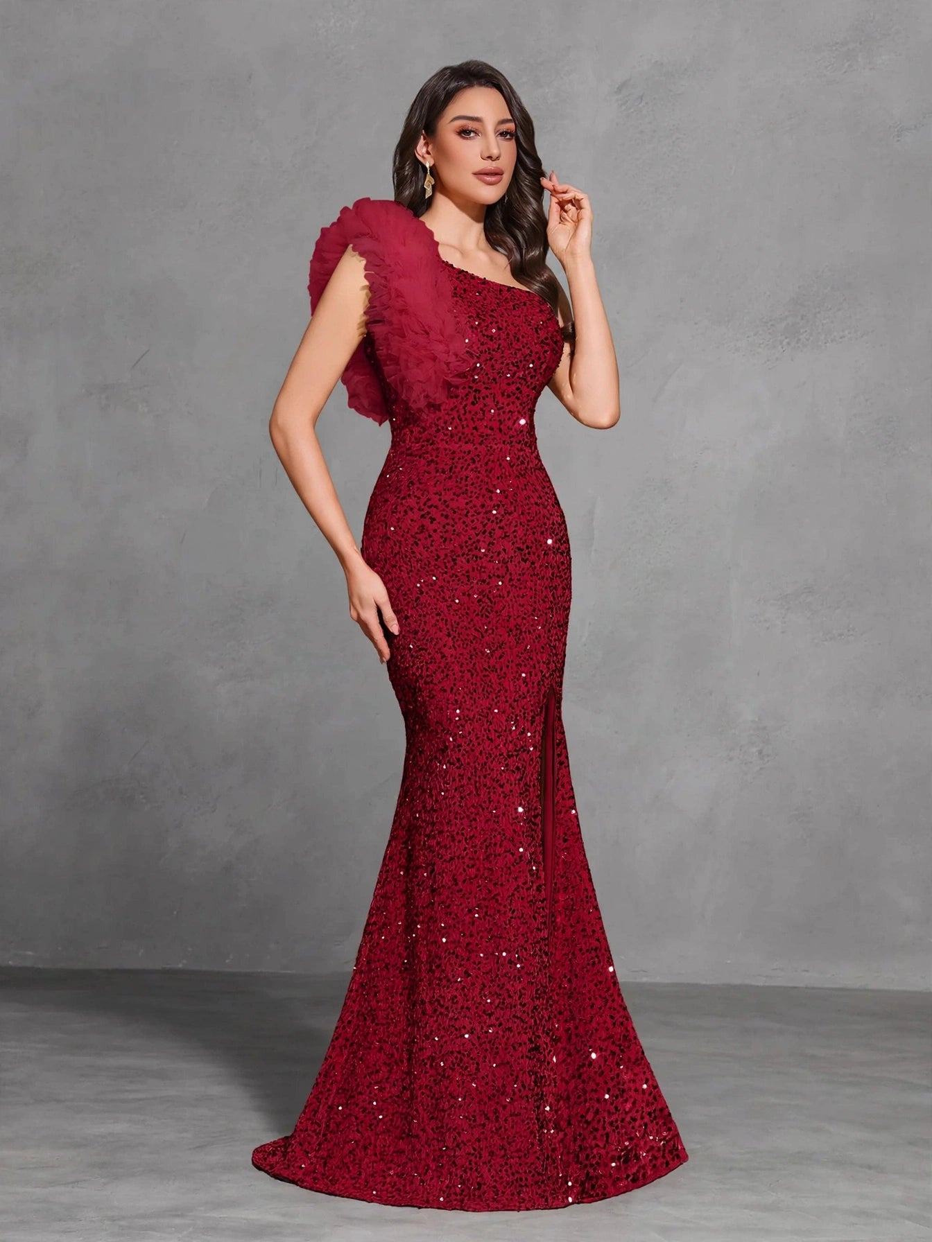 Sequined Off-shoulder Mesh Splicing Decorated Slit Dress