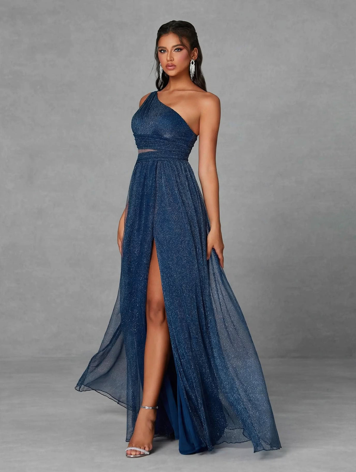One-Shoulder Pleated Mesh Maxi Dress
