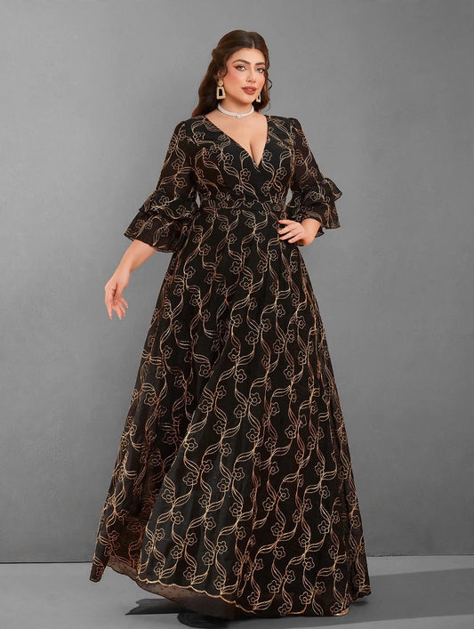 Gold Embroidered Chiffon Evening Gown