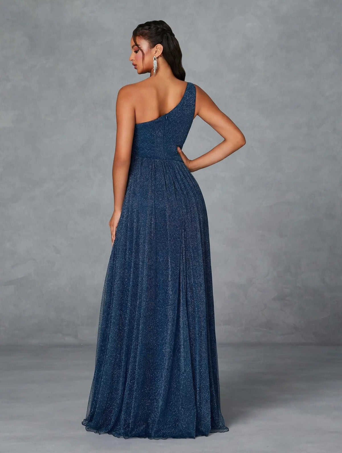 One-Shoulder Pleated Mesh Maxi Dress