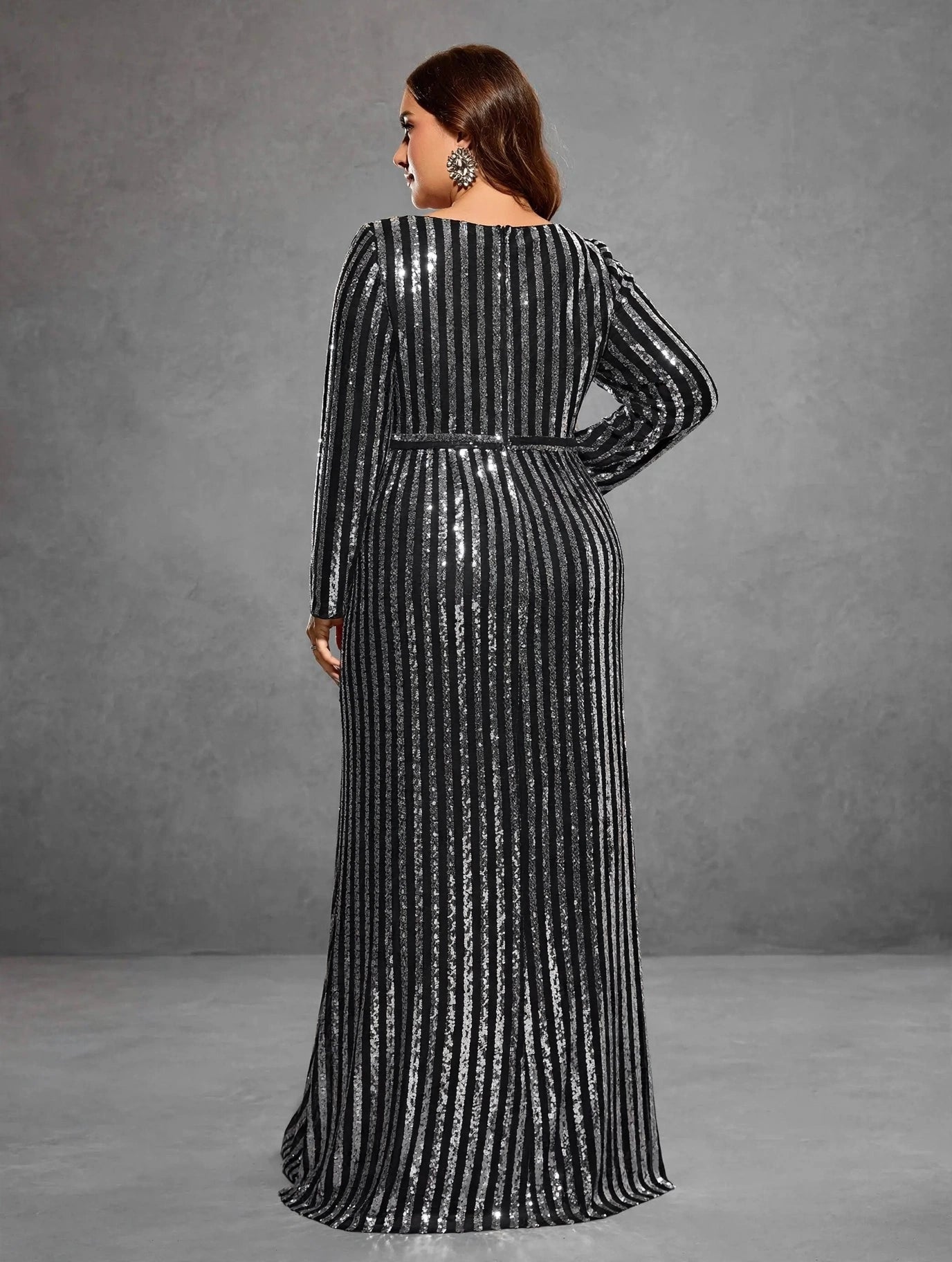 Striped Sequin Slit A-Line Evening Dress