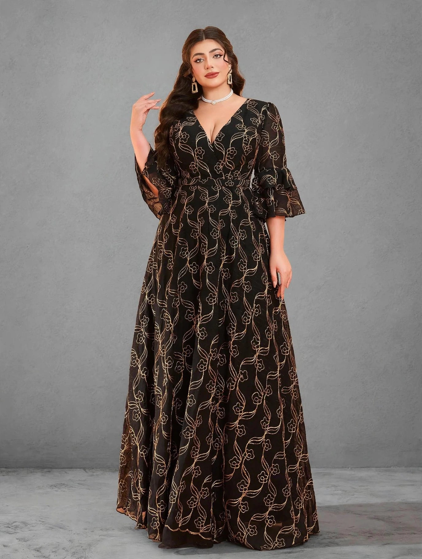 Gold Embroidered Chiffon Evening Gown