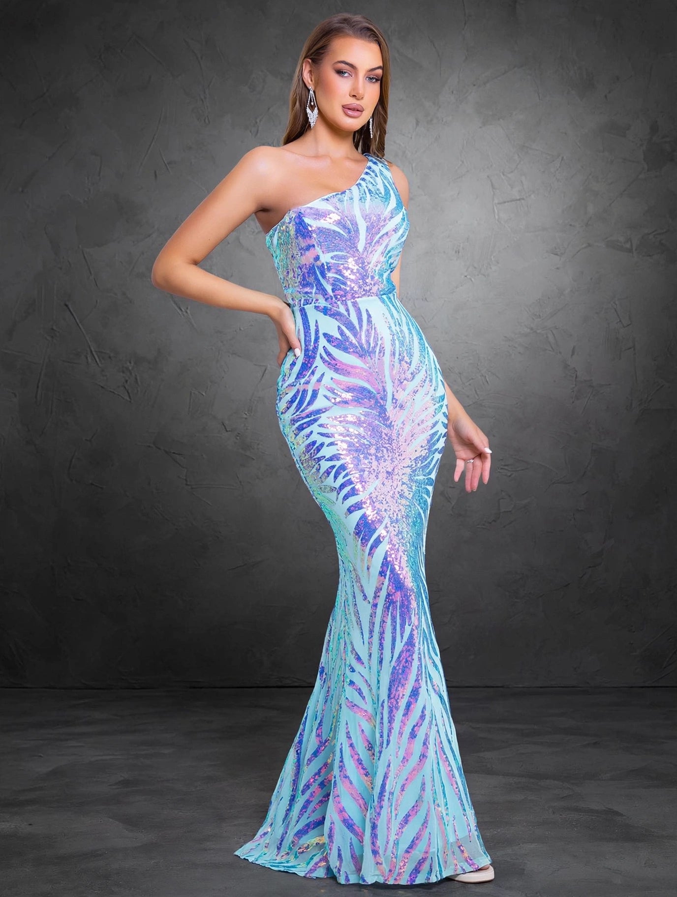One-Shoulder Floral Sequin Evening Dress