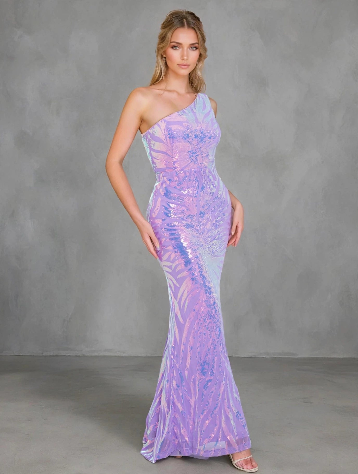 One-Shoulder Floral Sequin Evening Dress